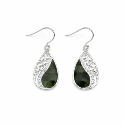 Sterling silver Connemara marble shamrock drop earrings. Authentic Irish jewelry featuring natural green Connemara marble and delicate shamrock design.