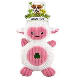 Adorable Irish Shamrock Lamb Dog Toy with lucky shamrock belly. Plush squeaky toy perfect for cuddling, gentle play, and St. Patrick’s Day fun.