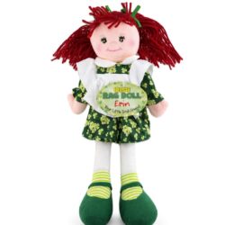 Adorable Irish Rag Doll Erin with red hair and shamrock dress. A soft plush St. Patrick’s Day gift and charming Irish keepsake for kids and collectors.