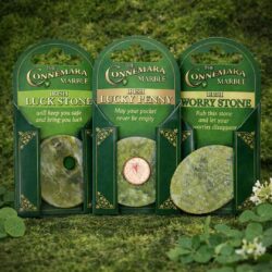 Discover the Connemara Marble Irish Blessing stone set – featuring a Luck Stone, Lucky Penny, and Worry Stone. Handcrafted with genuine Connemara marble from Ireland