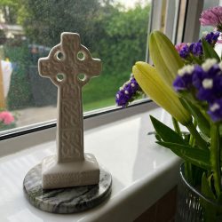 Celtic Cross ceramic ornament with authentic Connemara marble base. Hand crafted in Ireland. The perfect authentic gift or keepsake for your home.