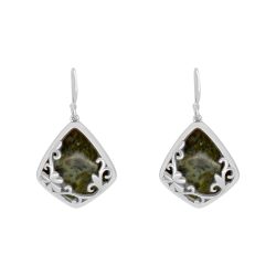 These Connemara marble Shamrock earrings feature smooth green marble with hallmarked sterling silver, celebrating Irish natural beauty.